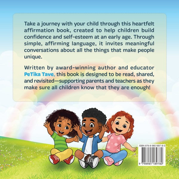 Book cover with children sitting on grass and text about the book's purpose and author.