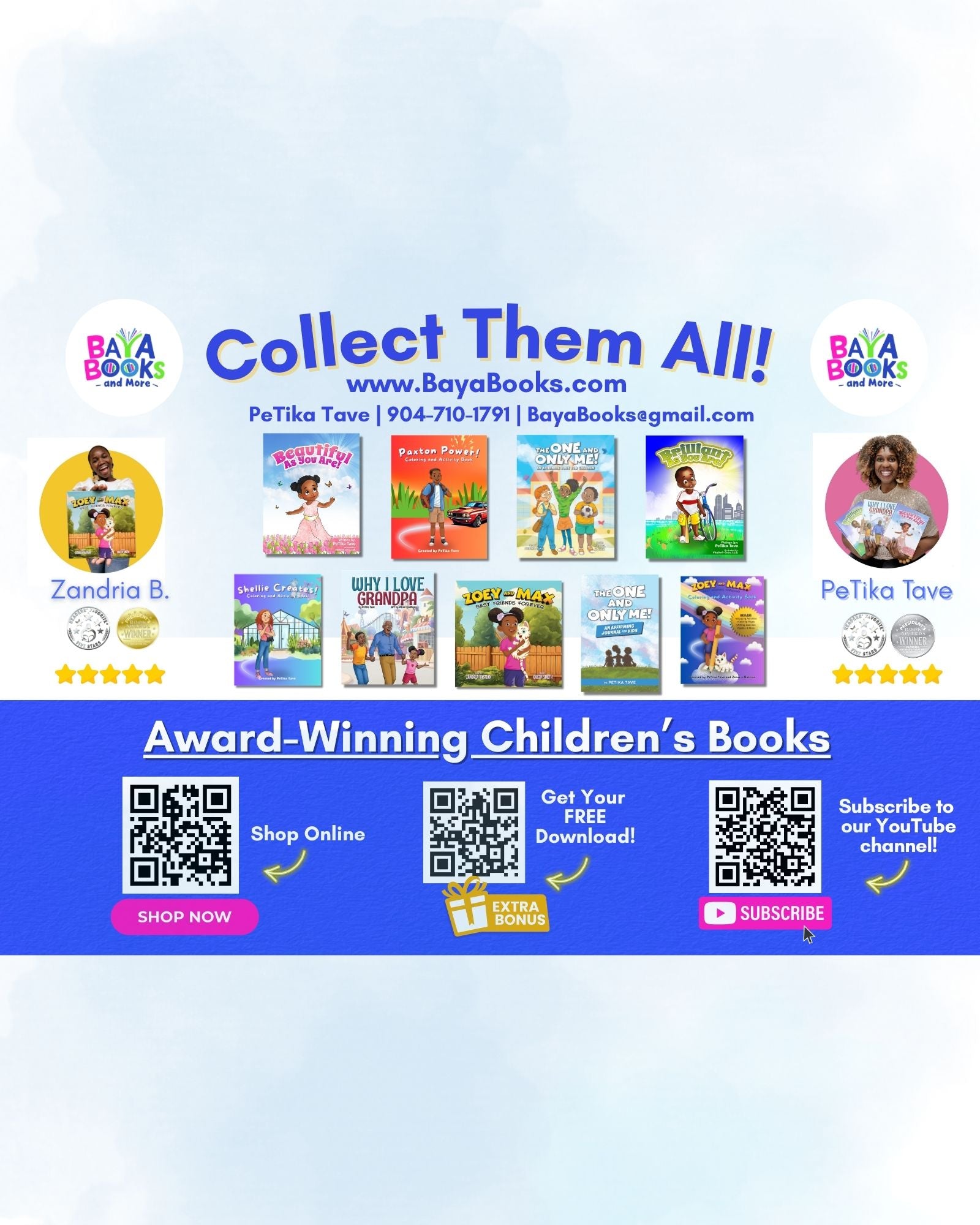 Promotional banner for Baya Books featuring award-winning children's books with contact information and QR codes.