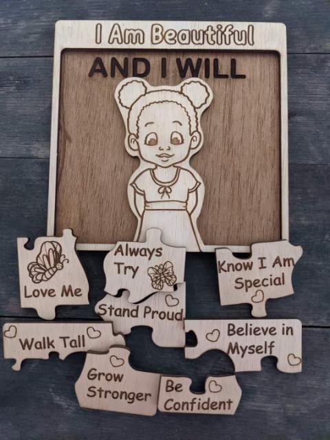 Puzzle for children featuring a girl with a afro in a dress, with the text 'I am beautiful as you are' and a butterfly graphic. The book is titled 'Beautiful As You Are' and the puzzle is a 9x9 inch wooden affirmation puzzle.