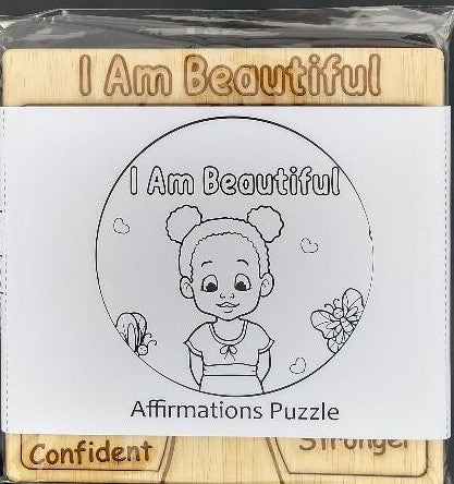 Puzzle for children featuring a girl with a afro in a dress, with the text 'I am beautiful as you are' and a butterfly graphic. The book is titled 'Beautiful As You Are' and the puzzle is a 9x9 inch wooden affirmation puzzle.