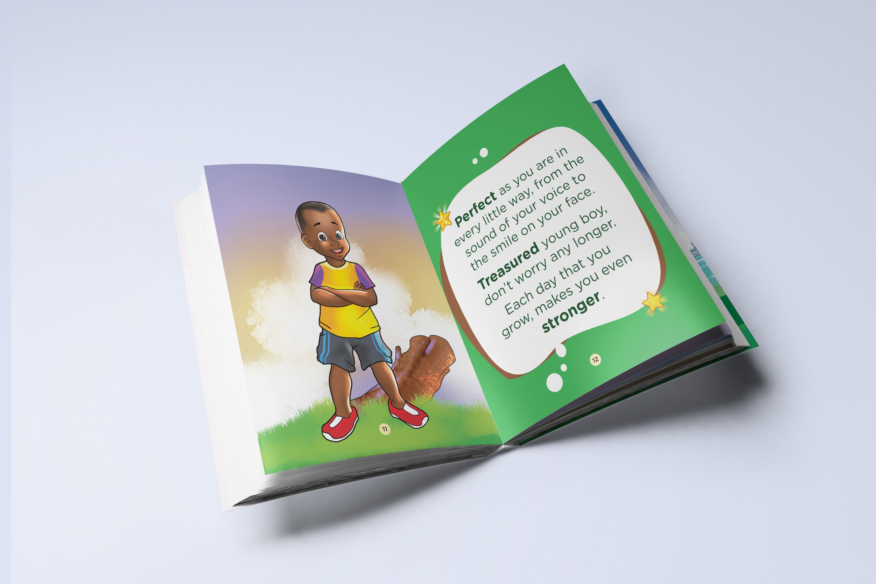 Open book with a colorful illustration of a child on a white background