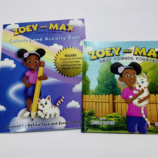 Two children's books featuring the characters Zoey and Max. The first book is a hardcover picture book titled 'Zoey and Max: Best Friends Forever' with a colorful cover.