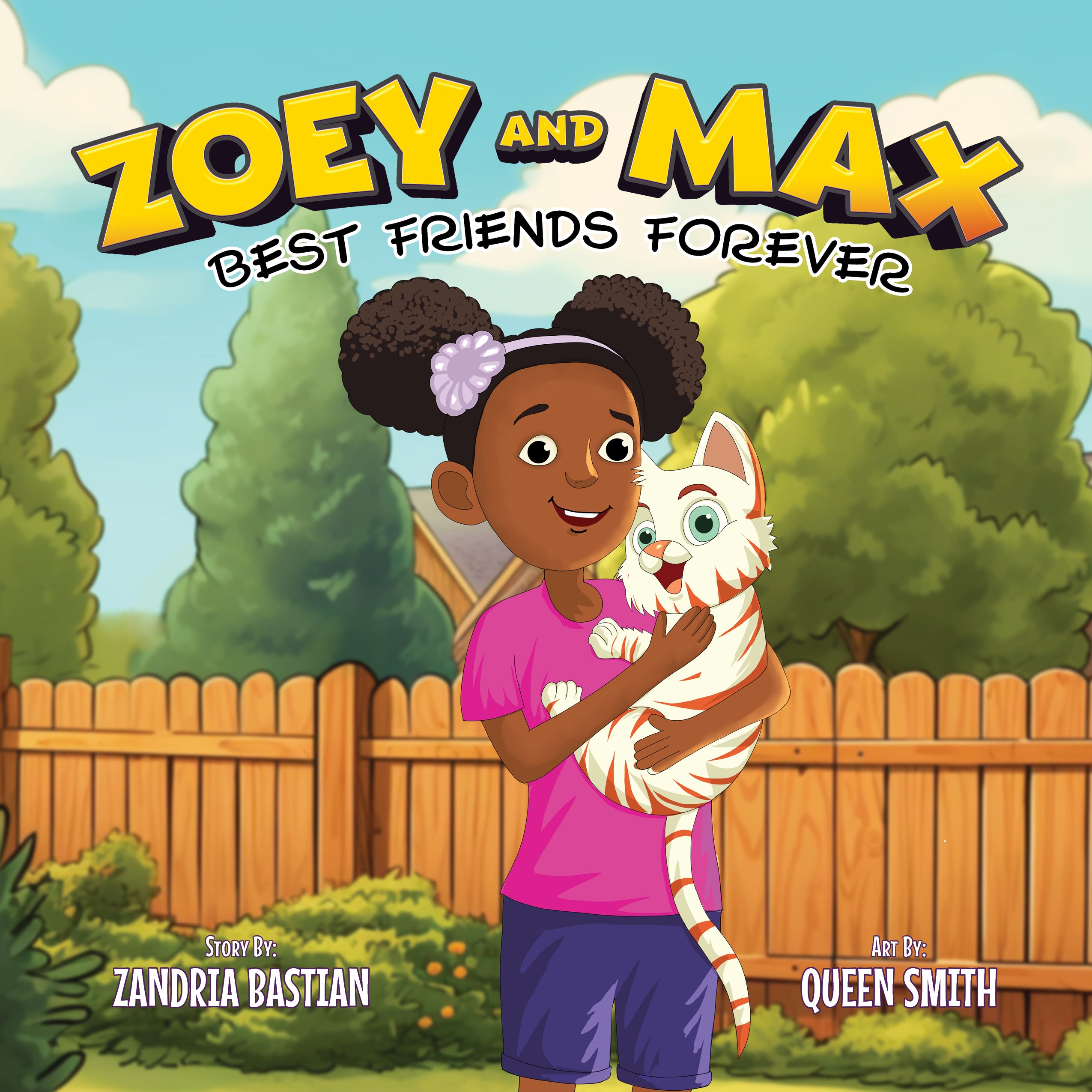 Book cover of 'Zoey and Max: Best Friends Forever' with a girl holding a cat in a garden setting.
