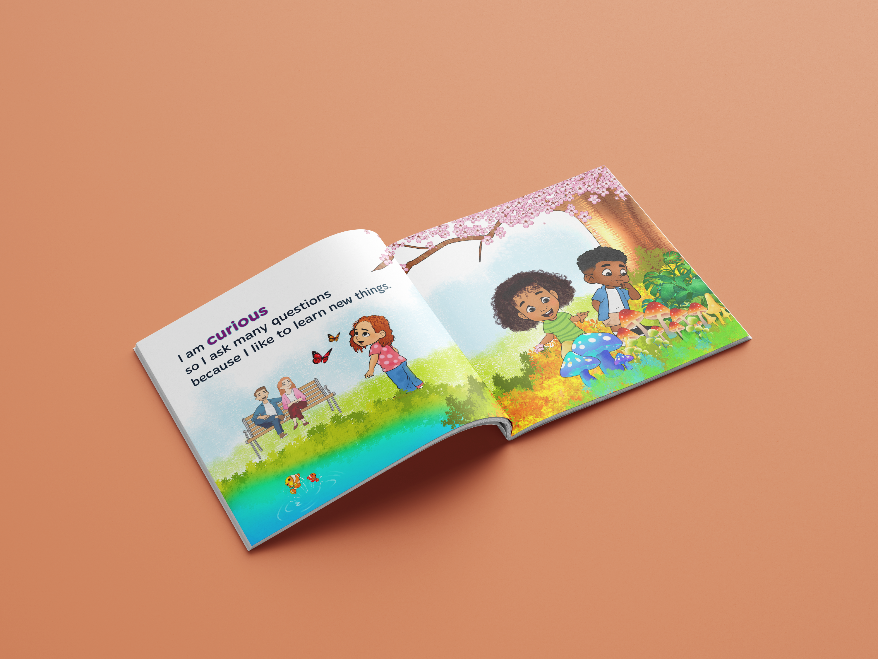 Open children's book with colorful illustrations on a brown background