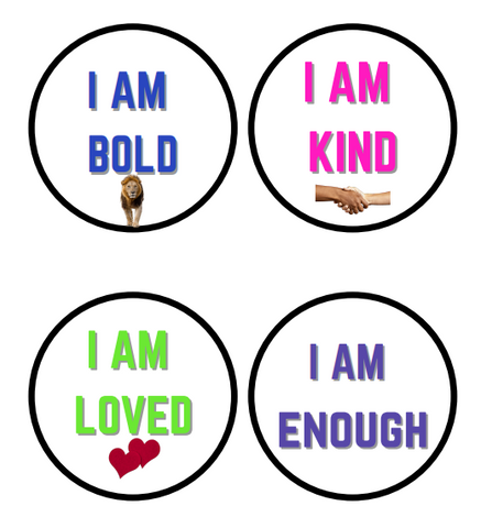 Colorful affirming mirror clings with phrases like "I am brave" and "I love to learn," promoting positivity for children.