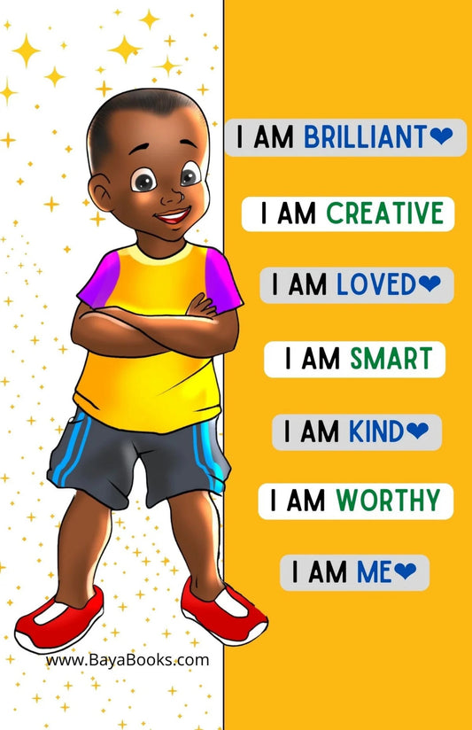 A 11x17" affirmation poster for boys featuring the statement "I am brilliant," with vibrant illustrations that promote self-confidence.