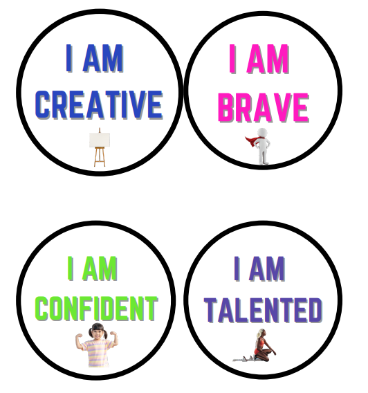 Colorful affirming mirror clings with phrases like "I am brave" and "I love to learn," promoting positivity for children.