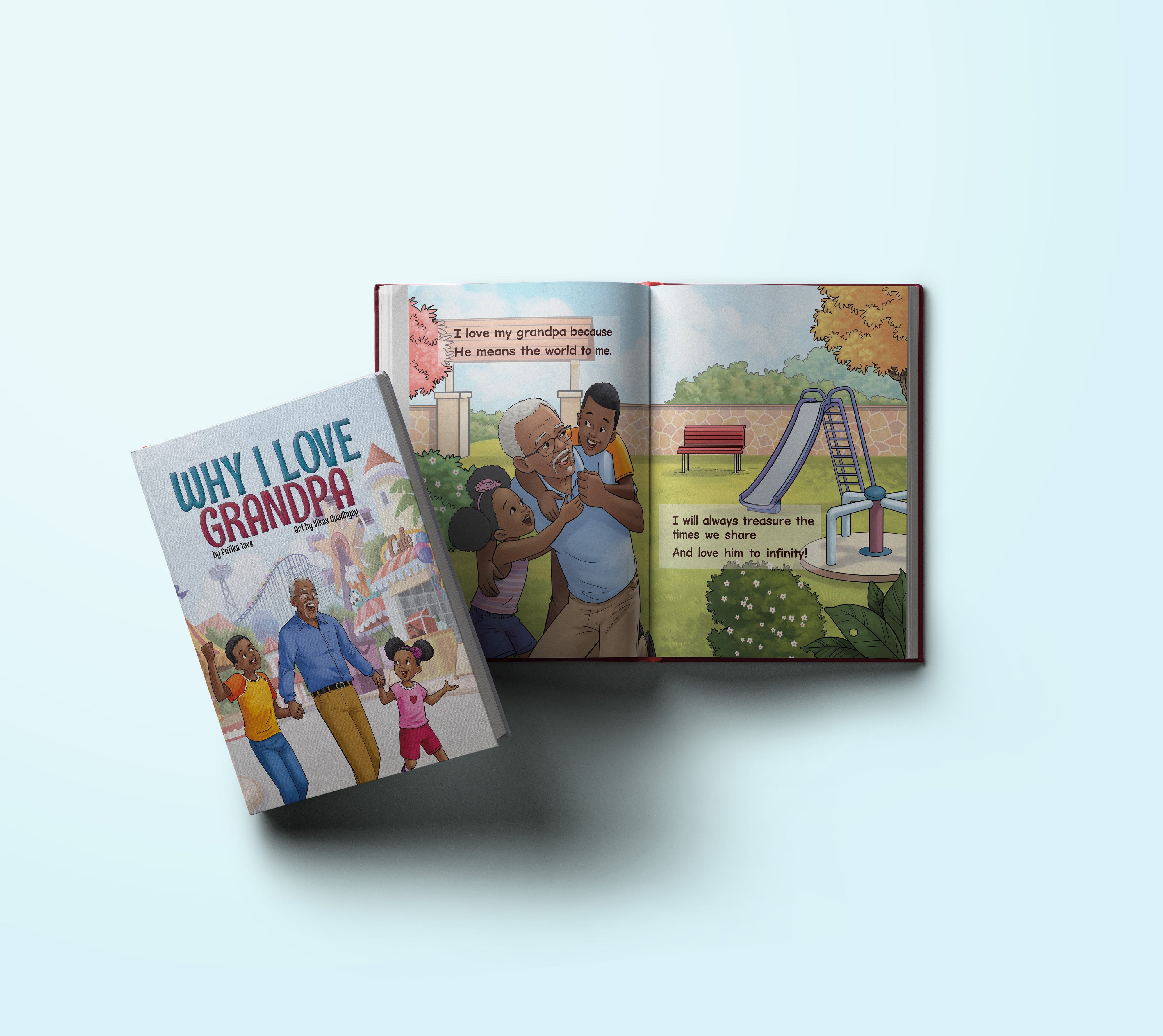 Children's picture book "Why I Love Grandpa," featuring vibrant illustrations that celebrate the special bond between kids and their grandfathers, highlighting joyful moments and cherished memories.